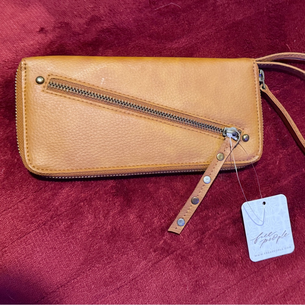 Free People Tan Leather Wallet with Zipper Detail vegan leather